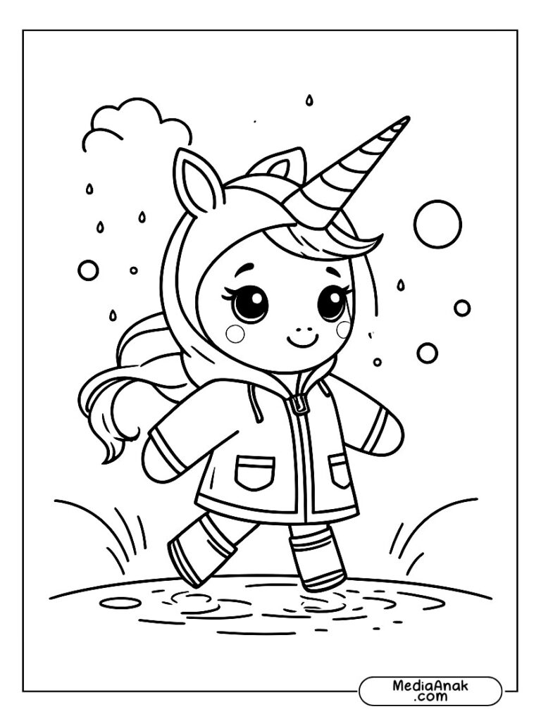 Unicorn bermain di tengah hujan dengan jas hujan dan sepatu bot.