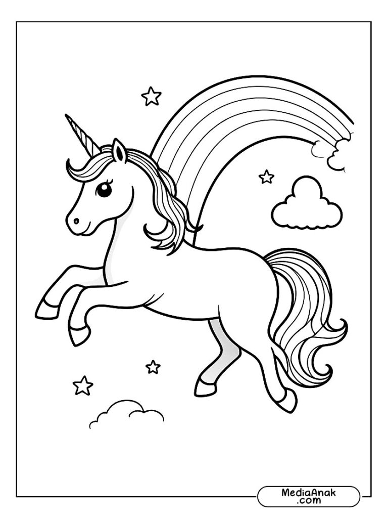Unicorn melompat di atas pelangi dengan surai indah.