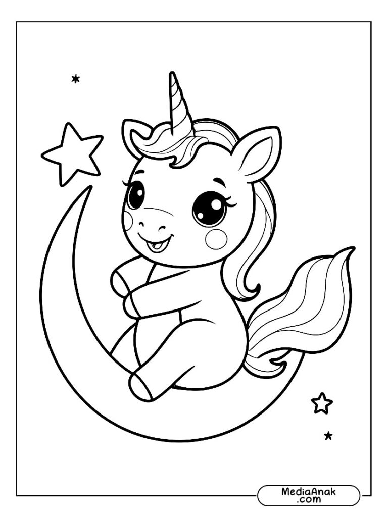 mewarnai Unicorn duduk di bulan sabit sambil memegang bintang.