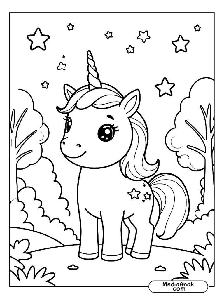 Unicorn lucu berdiri di hutan ajaib dengan bintang dan awan.