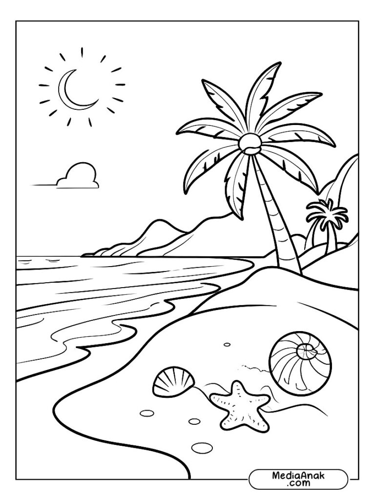 mewarnai gambar pantai - Pemandangan pantai dengan pohon kelapa, kastil pasir kecil, dan kerang.