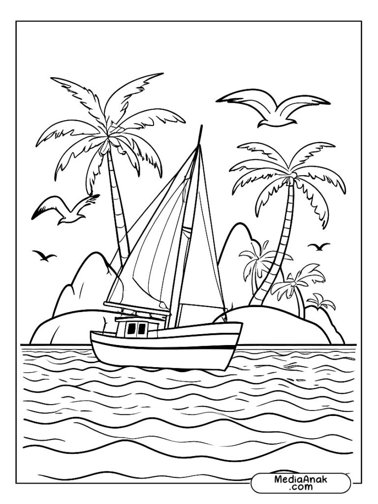 Perahu berlayar di dekat pulau kecil dengan pohon kelapa dan burung camar terbang di atasnya.