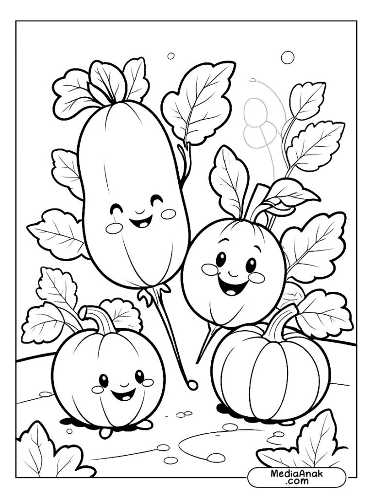 Ilustrasi lobak, mentimun, dan labu bermain di kebun sayur dengan gaya sederhana.