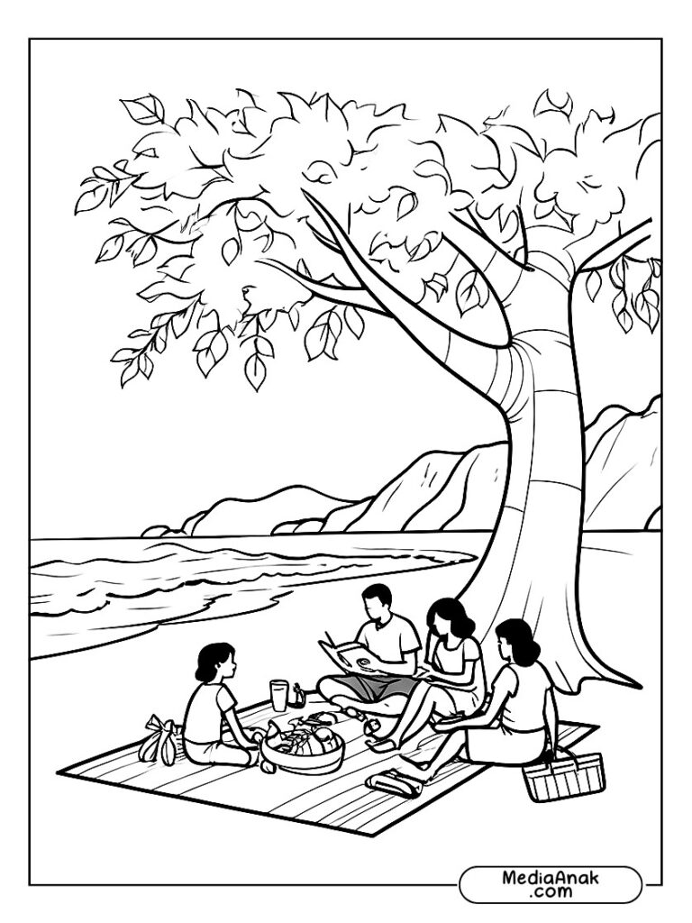 Ilustrasi garis keluarga sedang piknik di bawah pohon rindang di pantai dengan mainan pasir di sekitar mereka.