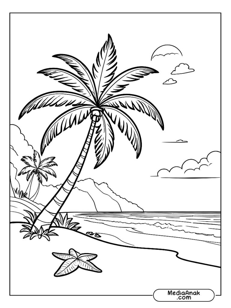 Gambar garis pohon kelapa di tepi pantai dengan ombak kecil dan beberapa kerang di pasir.