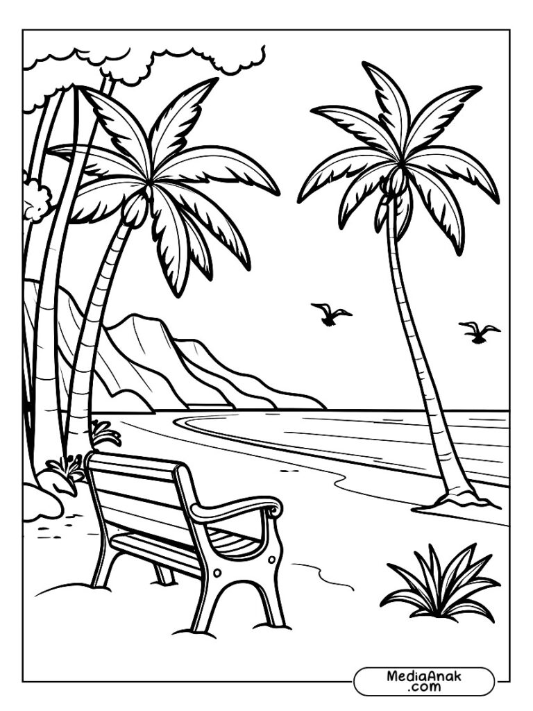 Ilustrasi pohon rindang di pantai dengan bangku kayu menghadap laut.