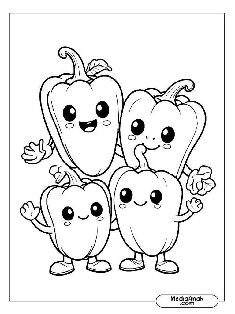 Gambar sayuran seperti paprika, terong, dan selada dengan gaya kartun lucu dan bersahabat.