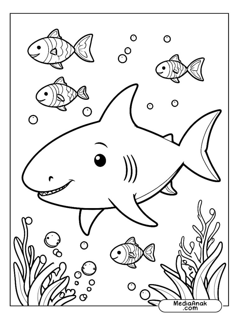 Sketsa hiu ramah dengan ikan kecil berenang bersama.