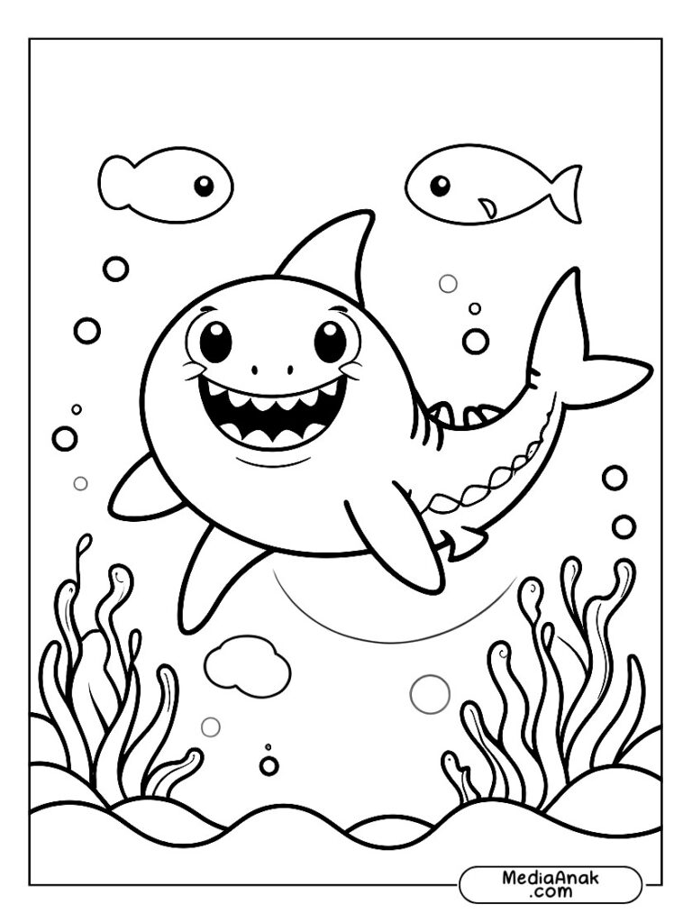 Sketsa ikan hiu lucu berenang di laut dengan mata besar dan senyum ramah.