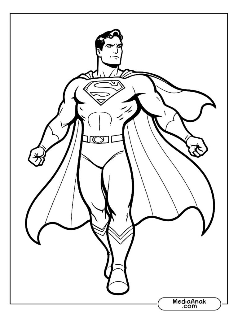 Gambar Superman berdiri gagah dengan jubah berkibar, gaya sederhana untuk mewarnai anak-anak.
