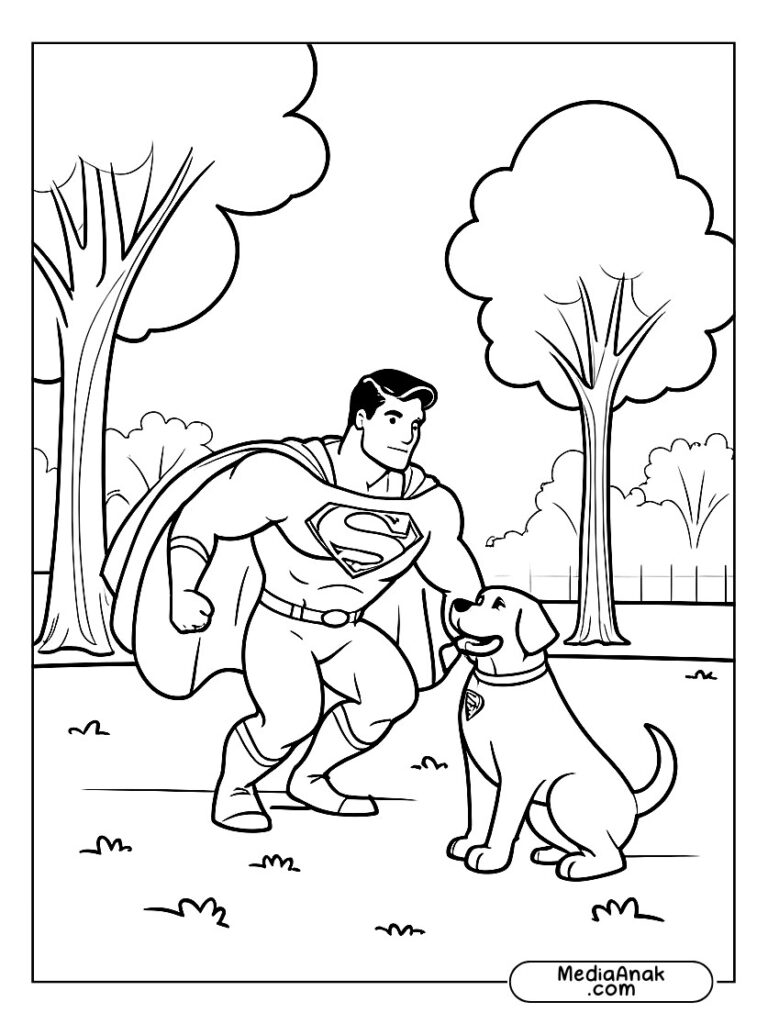 Gambar Superman bermain dengan anjing di taman, cocok untuk anak-anak.