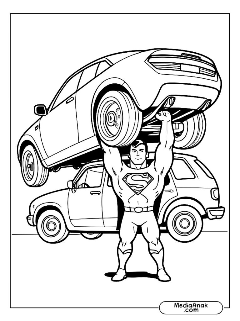 Gambar Superman mengangkat mobil dengan satu tangan, menunjukkan kekuatannya.