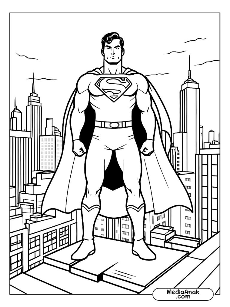Gambar mewarnai Superman berdiri di atas gedung tinggi, mengawasi kota.