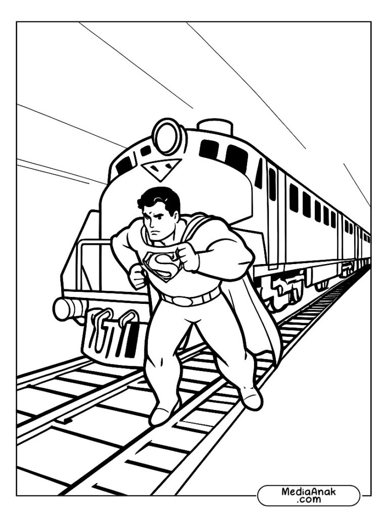 Gambar Superman menghentikan kereta dengan tangannya, penuh aksi.