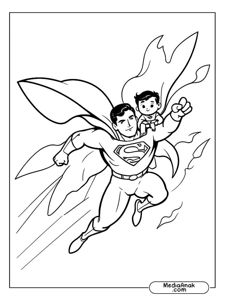 Gambar Superman terbang sambil menyelamatkan seorang anak, heroik.