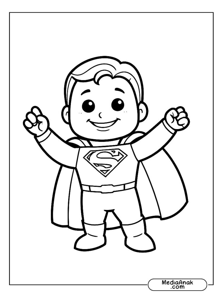 Gambar Superman tersenyum dan melambaikan tangan, ramah untuk anak-anak.