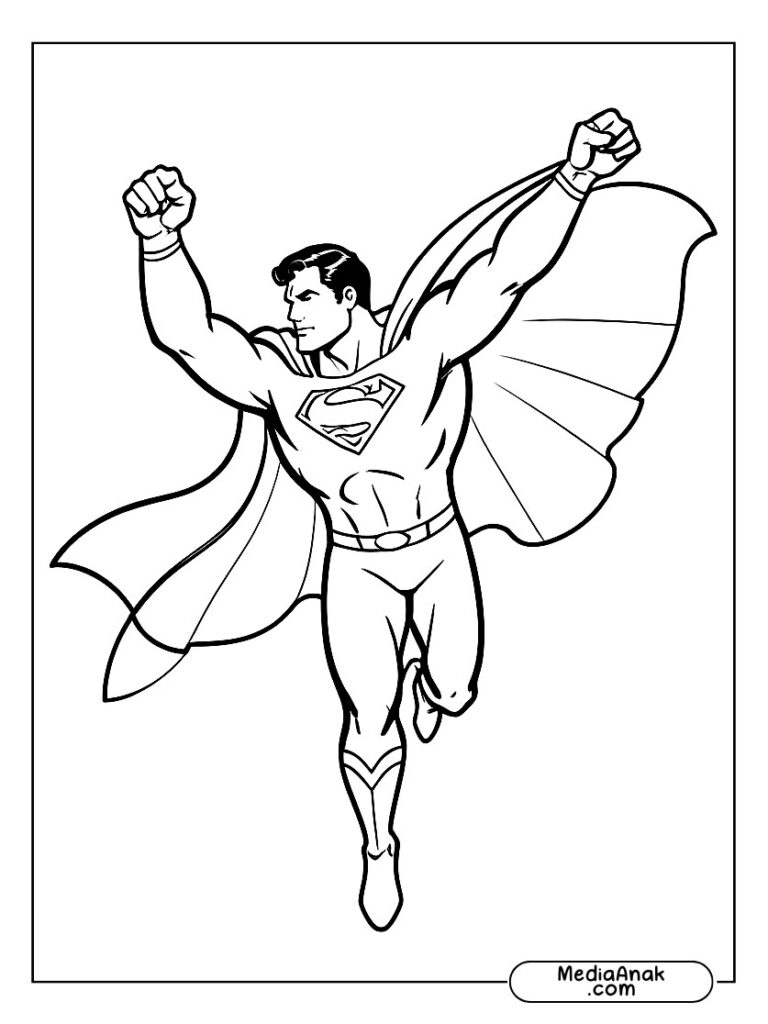 Gambar Superman terbang dengan satu tangan ke depan, mudah untuk diwarnai.