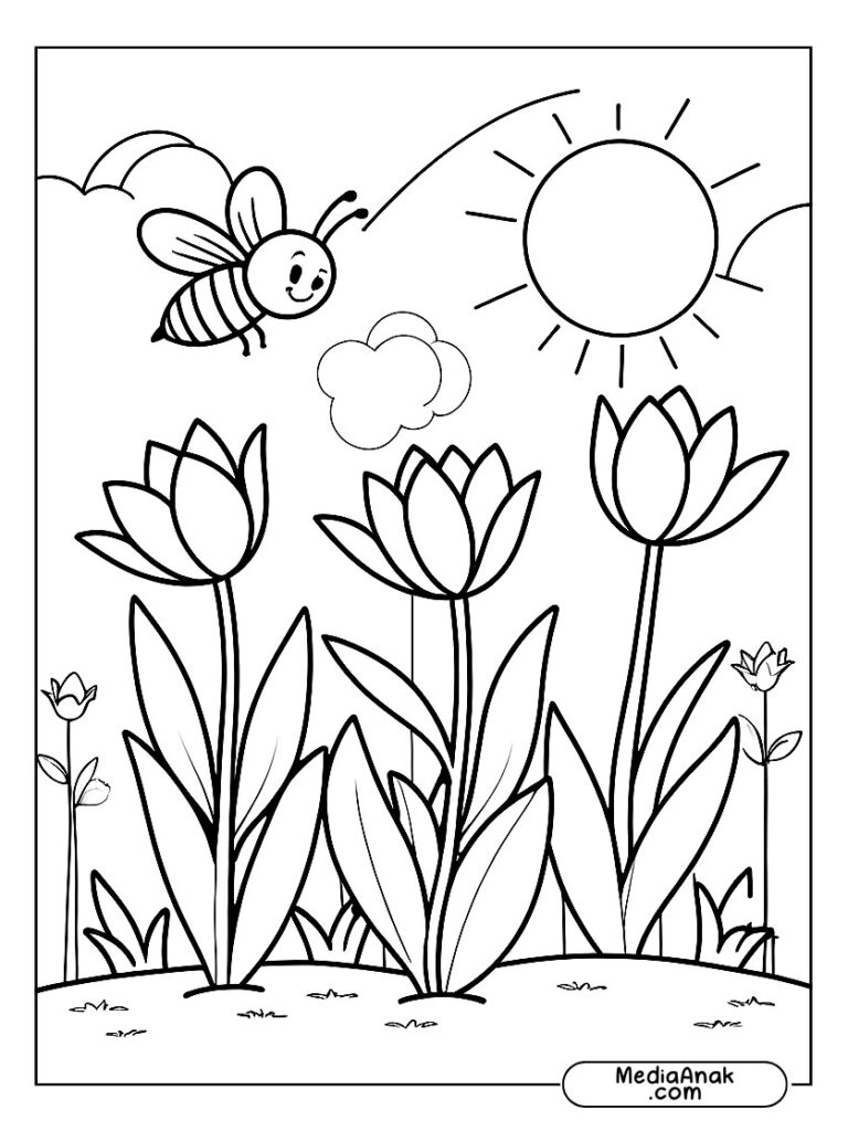 Gambar taman musim semi dengan tulip bermekaran, lebah terbang, dan matahari cerah.
