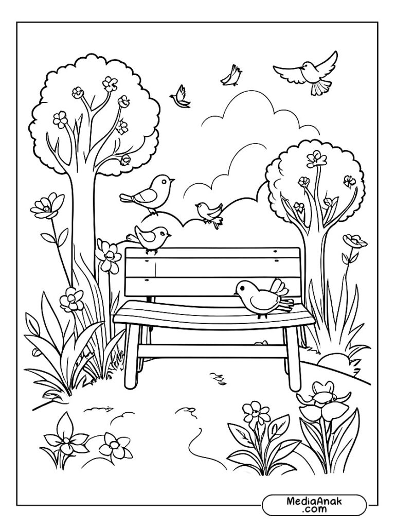 Gambar taman dengan bangku kayu kecil, bunga bermekaran, dan burung berkicau.