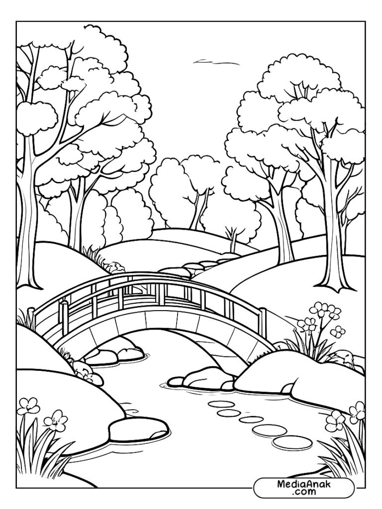 Gambar taman dengan jalan setapak berbatu, pohon sakura, dan jembatan kecil di atas sungai.