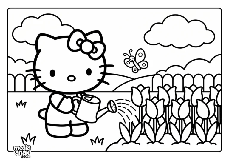 Hello Kitty memakai baju kodok sedang menyiram barisan bunga tulip yang bermekaran di kebun. Seekor kupu-kupu terbang di dekat bunga.