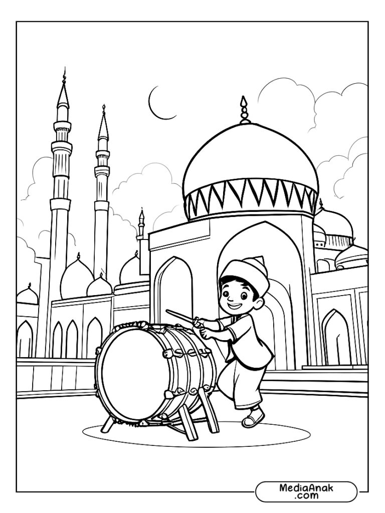 mewarnai idul fitri Anak Memukul Bedug Lebaran