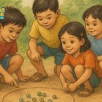 Anak-anak dengan senang hati bermain permainan tradisional kelereng bersama di lantai dalam suasana yang menyenangkan dan ramah