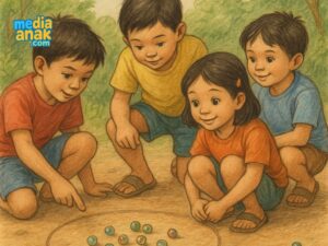 Anak-anak dengan senang hati bermain permainan tradisional kelereng bersama di lantai dalam suasana yang menyenangkan dan ramah