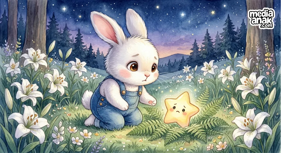 kelinci putih bertemu bintang kecil di dalam hutan