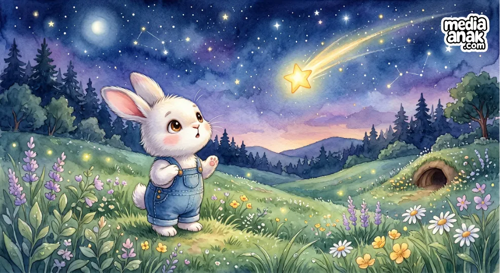 kelinci putih kecil melihat bintang jatuh di langit malam