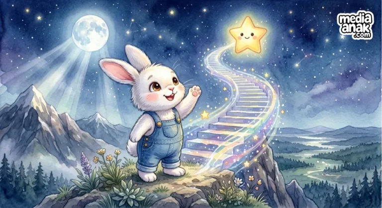 kelinci putih melambaikan tangan pada bintang di langit
