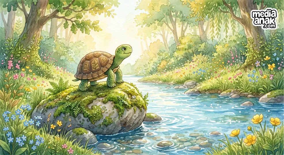 kura kura kecil kumi di tepi sungai jernih