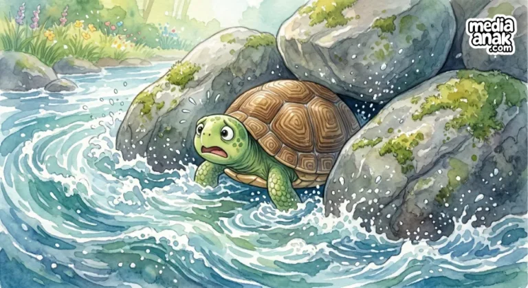 kura kura kumi tersangkut di arus sungai deras