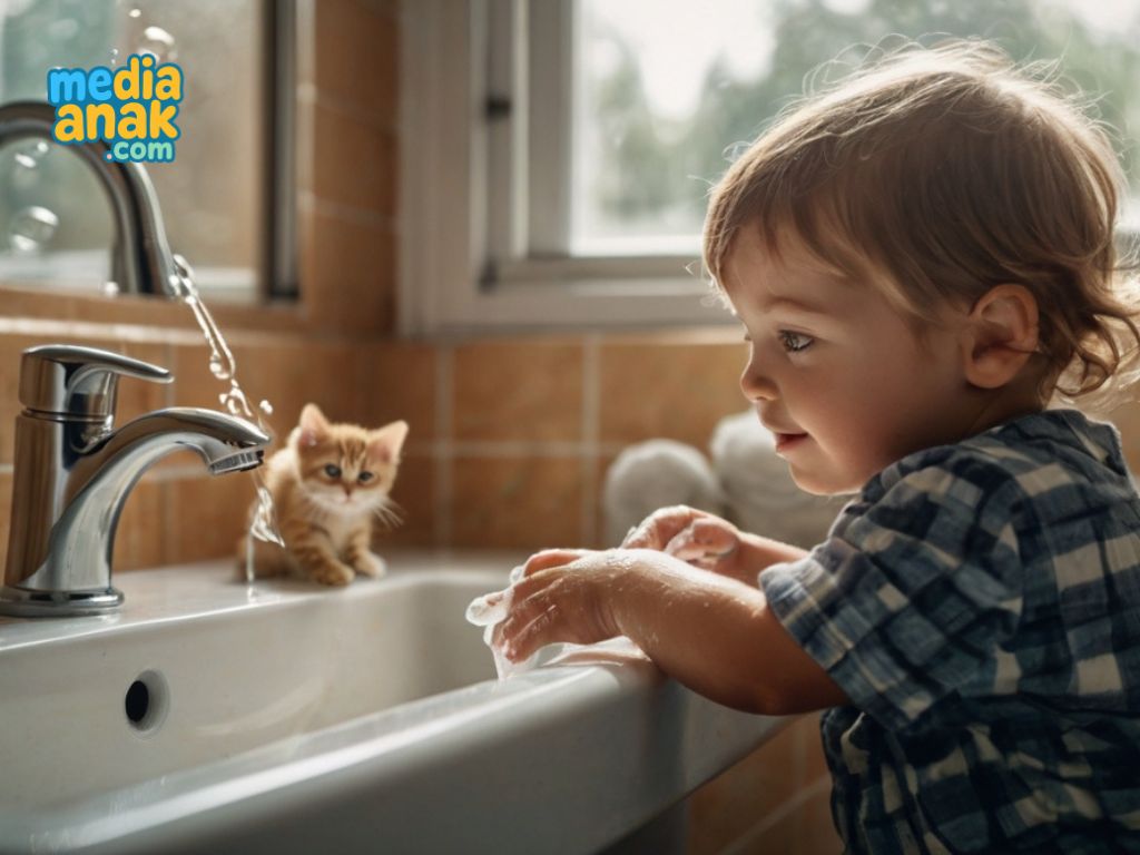 anak kecil membersihkan tangan dengan sabun setelah bermain dengan kucing, ini adalah satu Tips Aman Mengenalkan Kucing pada Anak Balita sala