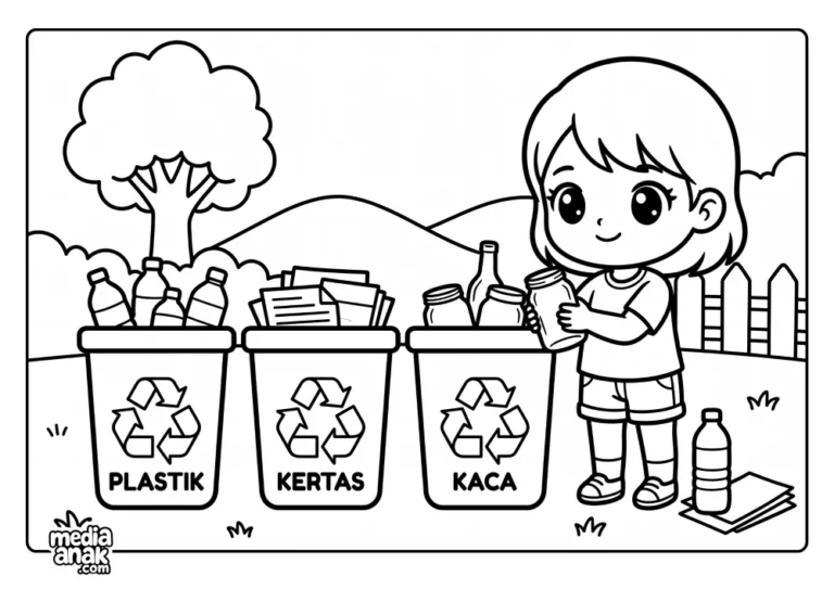 Anak perempuan imut memegang toples kaca di depan tiga tong sampah daur ulang berlabel PLASTIK, KERTAS, dan KACA.