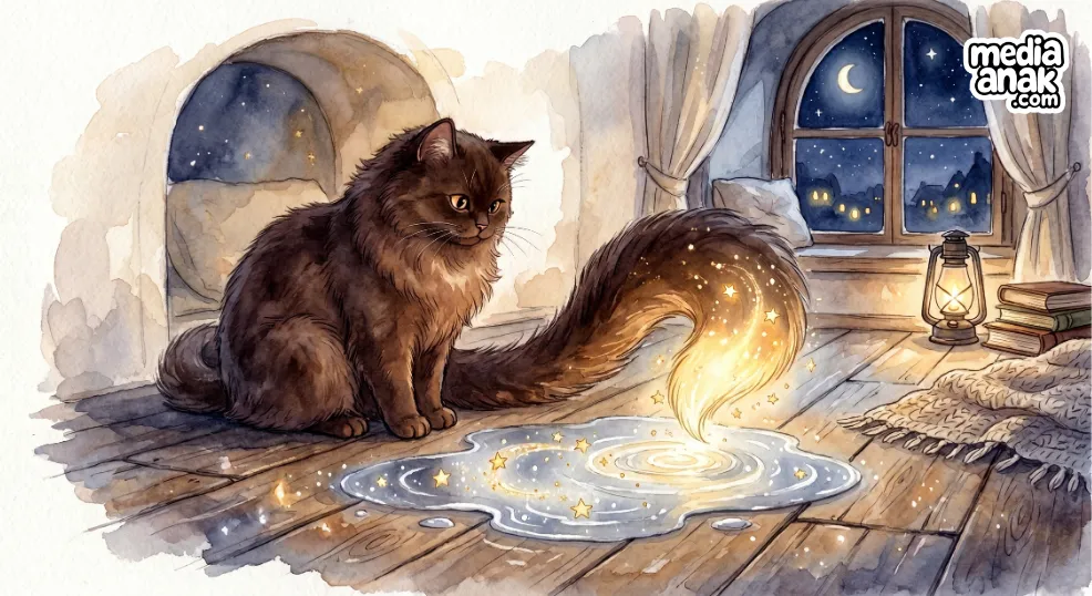 choco kucing cokelat ekor ajaib bercahaya keemasan