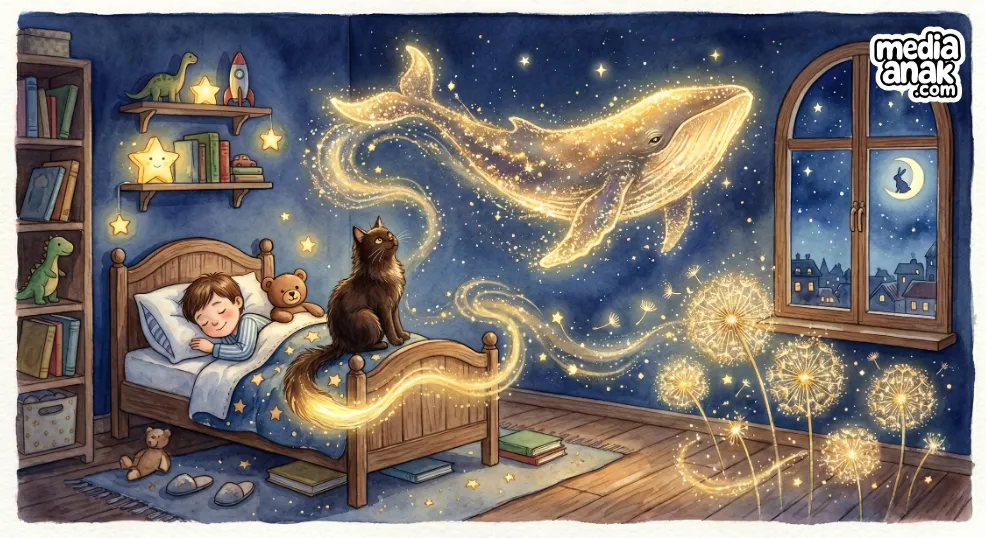 choco kucing pelukis melukis paus bintang di dinding kamar