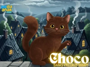 Seekor kucing cokelat bernama Choco sedang melukis mimpi indah di dinding kamar anak dengan ekornya yang bersinar keemasan.