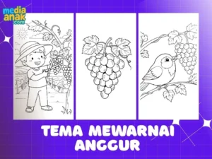 Kolase gambar mewarnai tema buah anggur untuk anak, menampilkan sketsa anak memanen anggur, setangkai anggur, dan seekor burung.