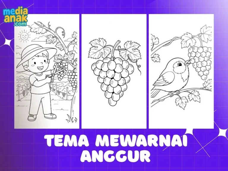 Kolase gambar mewarnai tema buah anggur untuk anak, menampilkan sketsa anak memanen anggur, setangkai anggur, dan seekor burung.