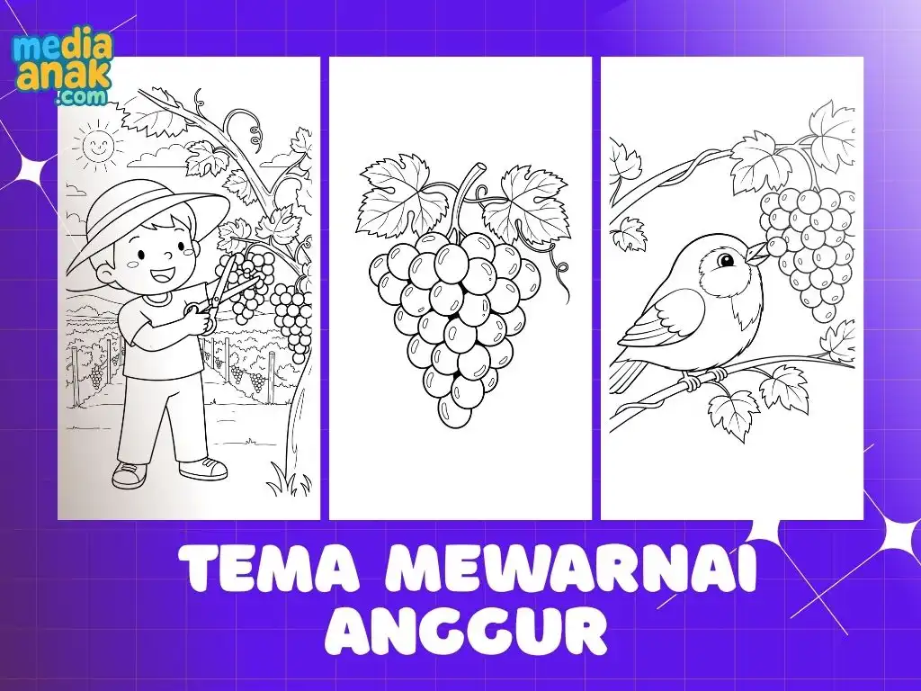Kolase gambar mewarnai tema buah anggur untuk anak, menampilkan sketsa anak memanen anggur, setangkai anggur, dan seekor burung.