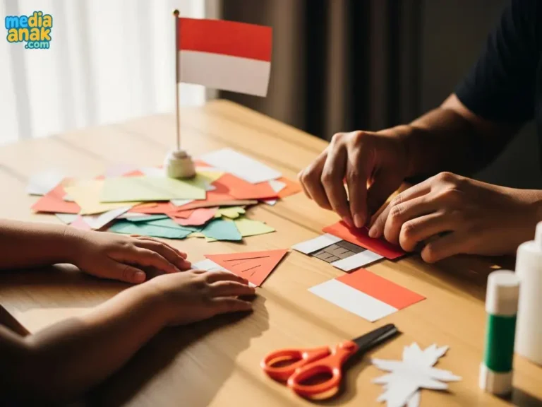 Seorang ayah dan anak sedang membuat kerajinan tangan dari kertas merah putih untuk merayakan HUT Kemerdekaan RI di meja kayu.