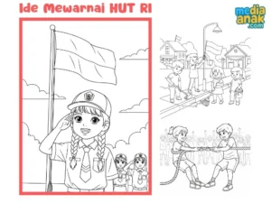 Kumpulan ide gambar mewarnai tema HUT Kemerdekaan RI untuk anak-anak: upacara bendera, kerja bakti, tarik tambang, dan lainnya.