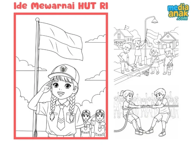 Kumpulan ide gambar mewarnai tema HUT Kemerdekaan RI untuk anak-anak: upacara bendera, kerja bakti, tarik tambang, dan lainnya.
