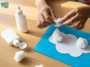 Tangan seorang anak sedang menempelkan kapas pada bentuk awan di atas kertas biru untuk membuat kerajinan kolase.