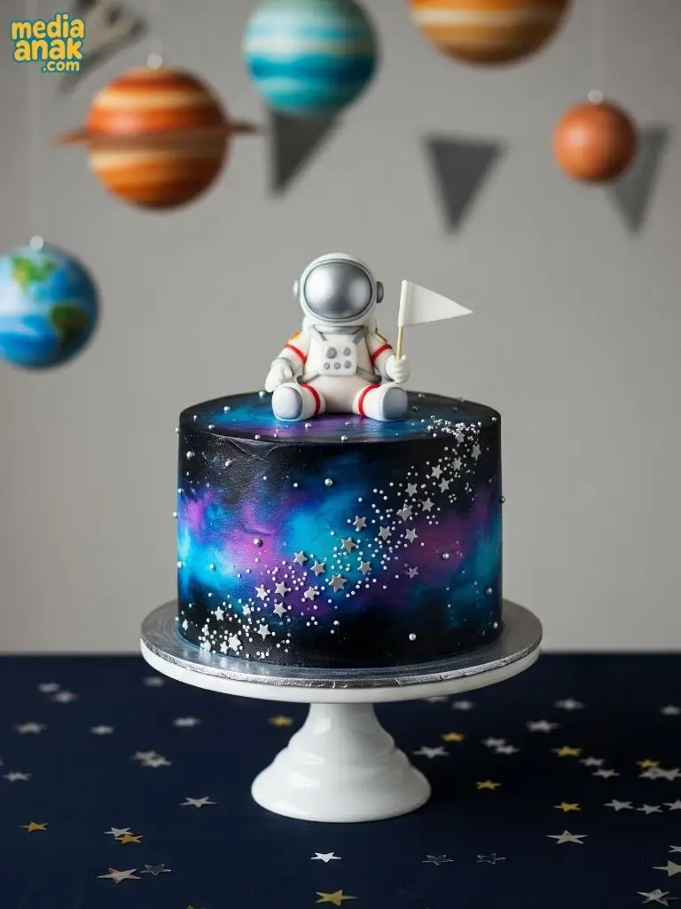 Kue ulang tahun tinggi dengan efek galaksi atau nebula berwarna biru dan ungu, dihiasi figur astronot yang sedang duduk.