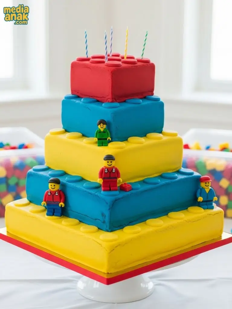 Kue ulang tahun lima tingkat berbentuk tumpukan balok Lego raksasa berwarna kuning, biru, dan merah.