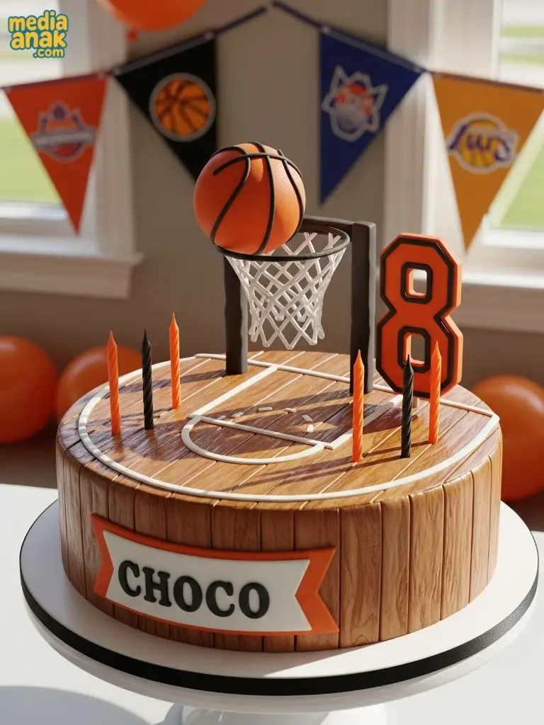 Kue ulang tahun tema bola basket, dihiasi lapangan, ring, bola basket, dan nama Choco.