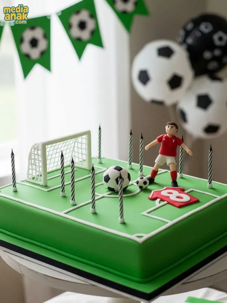 Kue ulang tahun berbentuk lapangan sepak bola, dihiasi gawang, bola, dan figur pemain bola.