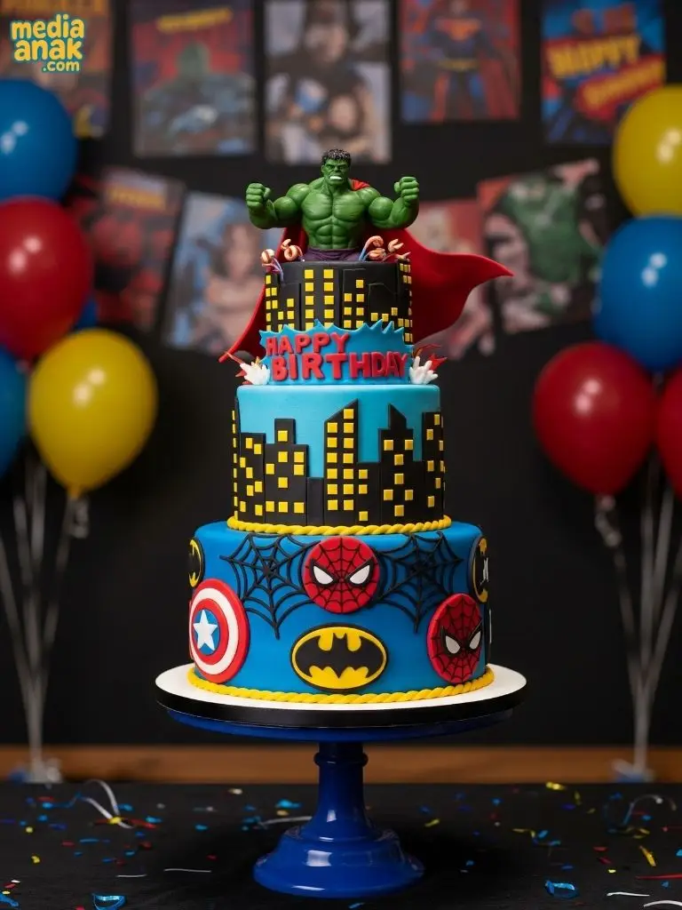 Kue ulang tahun tiga tingkat dengan tema superhero, menampilkan logo Batman, Spiderman, Captain America, dan figur Hulk di puncaknya.